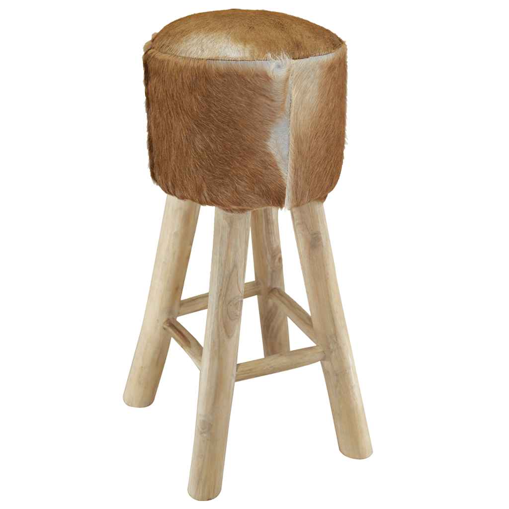 Bar Stool Natural Wood And Cow Pattern Teak Wood And Goat Leather