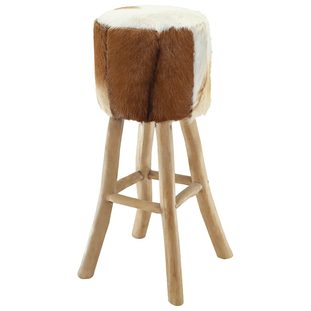 Bar Stool Natural Wood And Cow Pattern Teak Wood And Goat Leather