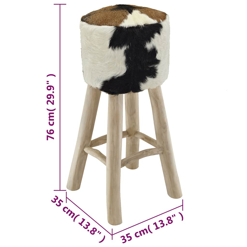 Bar Stool Natural Wood And Cow Pattern Teak Wood And Goat Leather