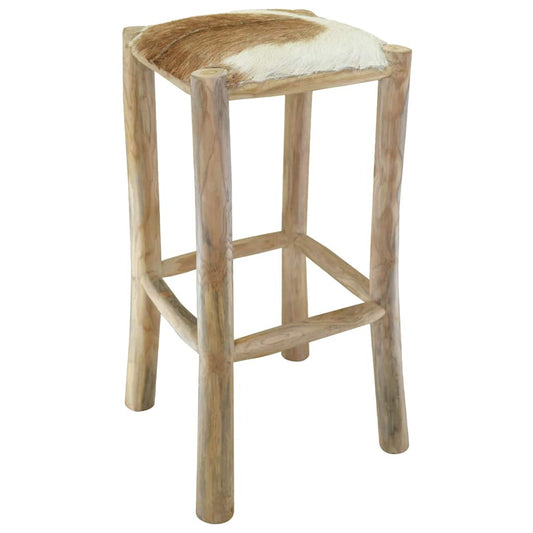 Bar Stool Natural Wood Genuine Goat Leather