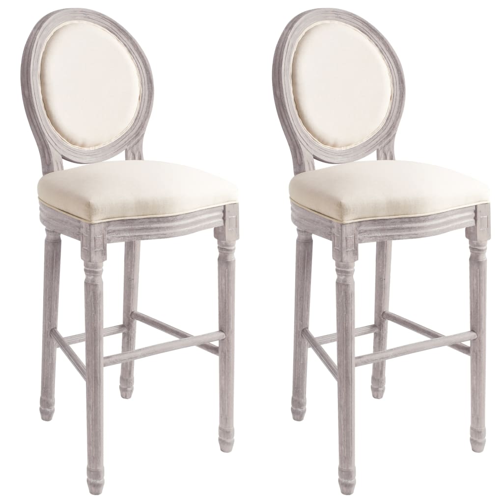 Bar Chair Set Of 2 Cream White Linen Upholstery, Solid Wood Frame