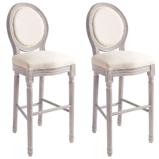 Bar Chair Set Of 2 Cream White Linen Upholstery, Solid Wood Frame
