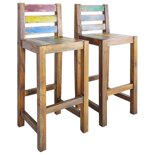 Bar Stool Set Of 2 Multicolor Solid Reclaimed Boat Wood Standard