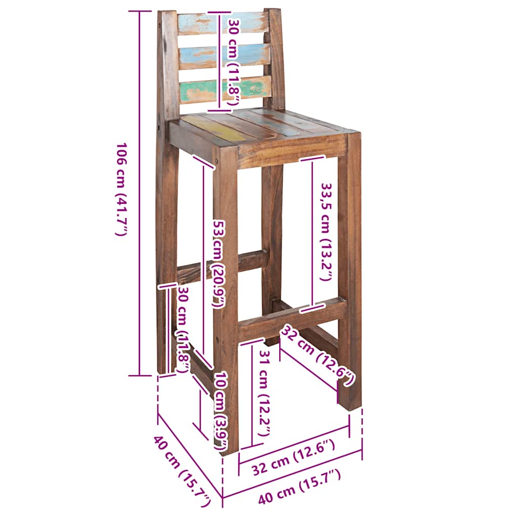 Bar Stool Set Of 2 Multicolor Solid Reclaimed Boat Wood Standard