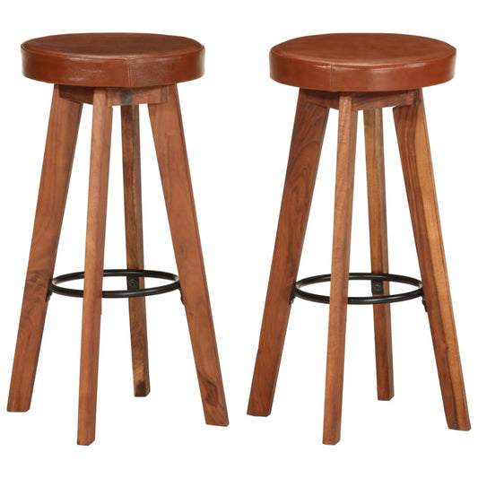 Bar Chair Set Of 2 Natural Wood, Brown Leather