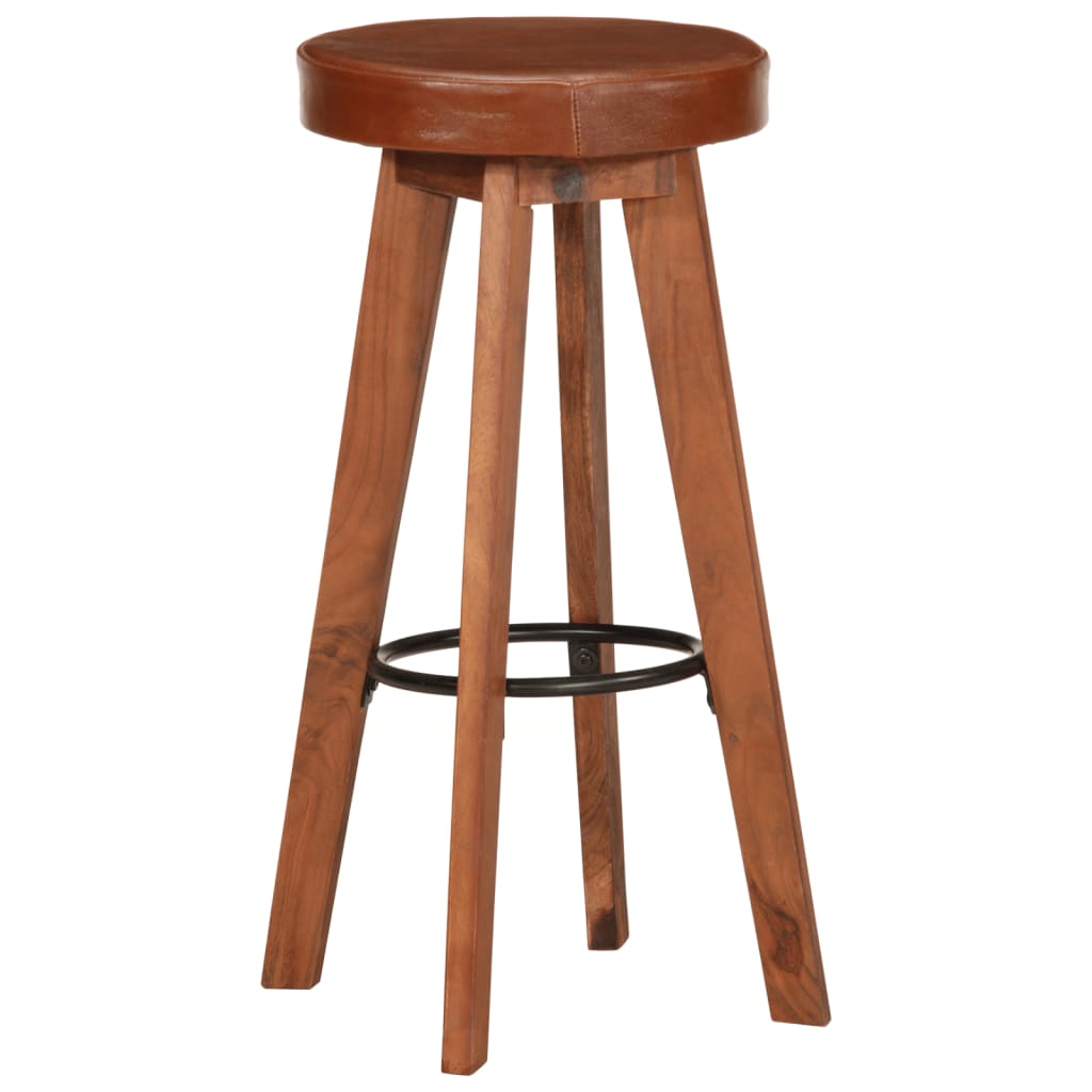 Bar Chair Set Of 2 Natural Wood, Brown Leather