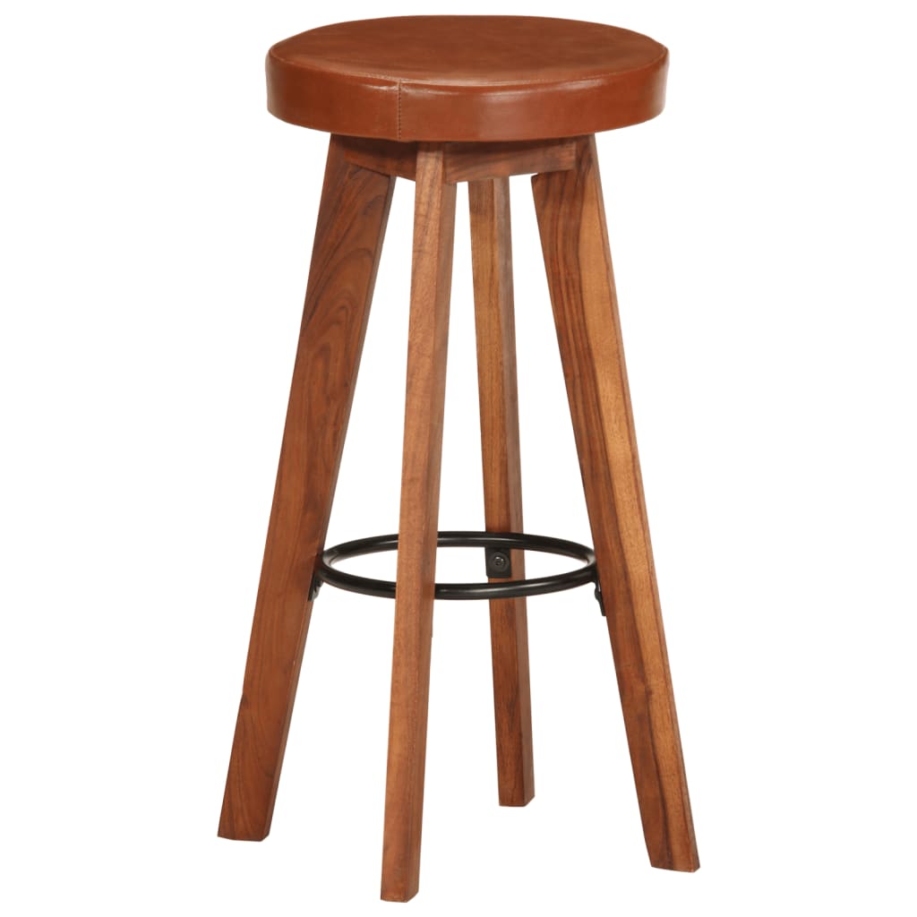 Bar Chair Set Of 2 Natural Wood, Brown Leather