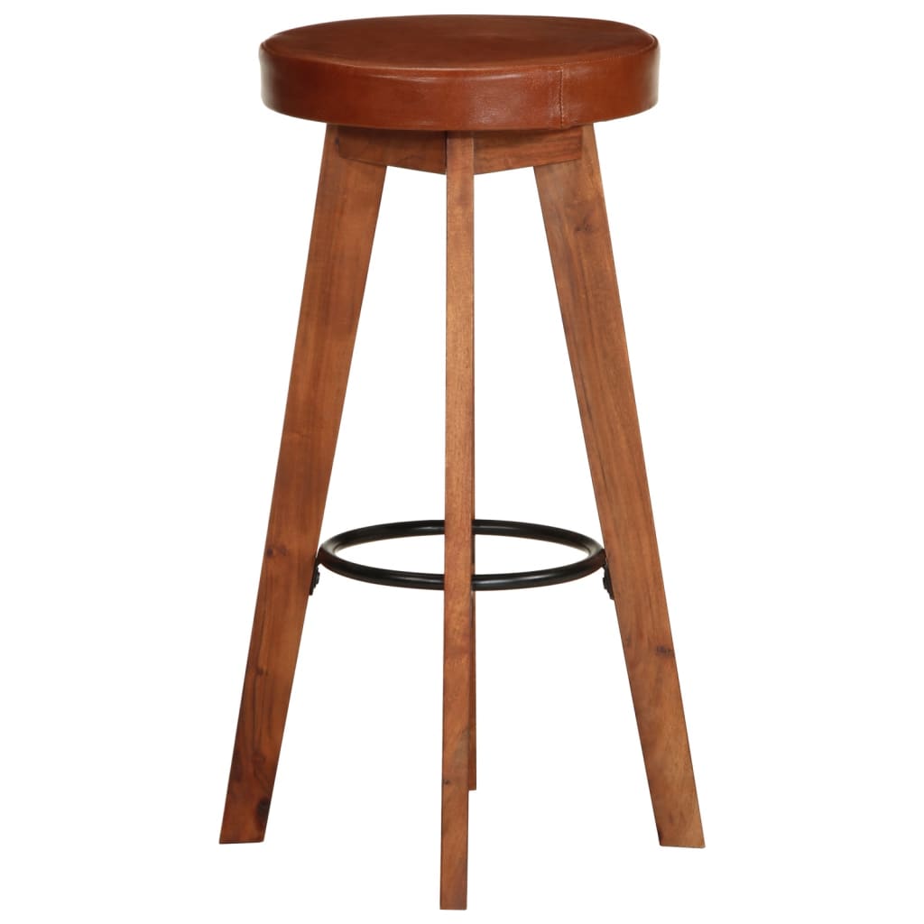 Bar Chair Set Of 2 Natural Wood, Brown Leather