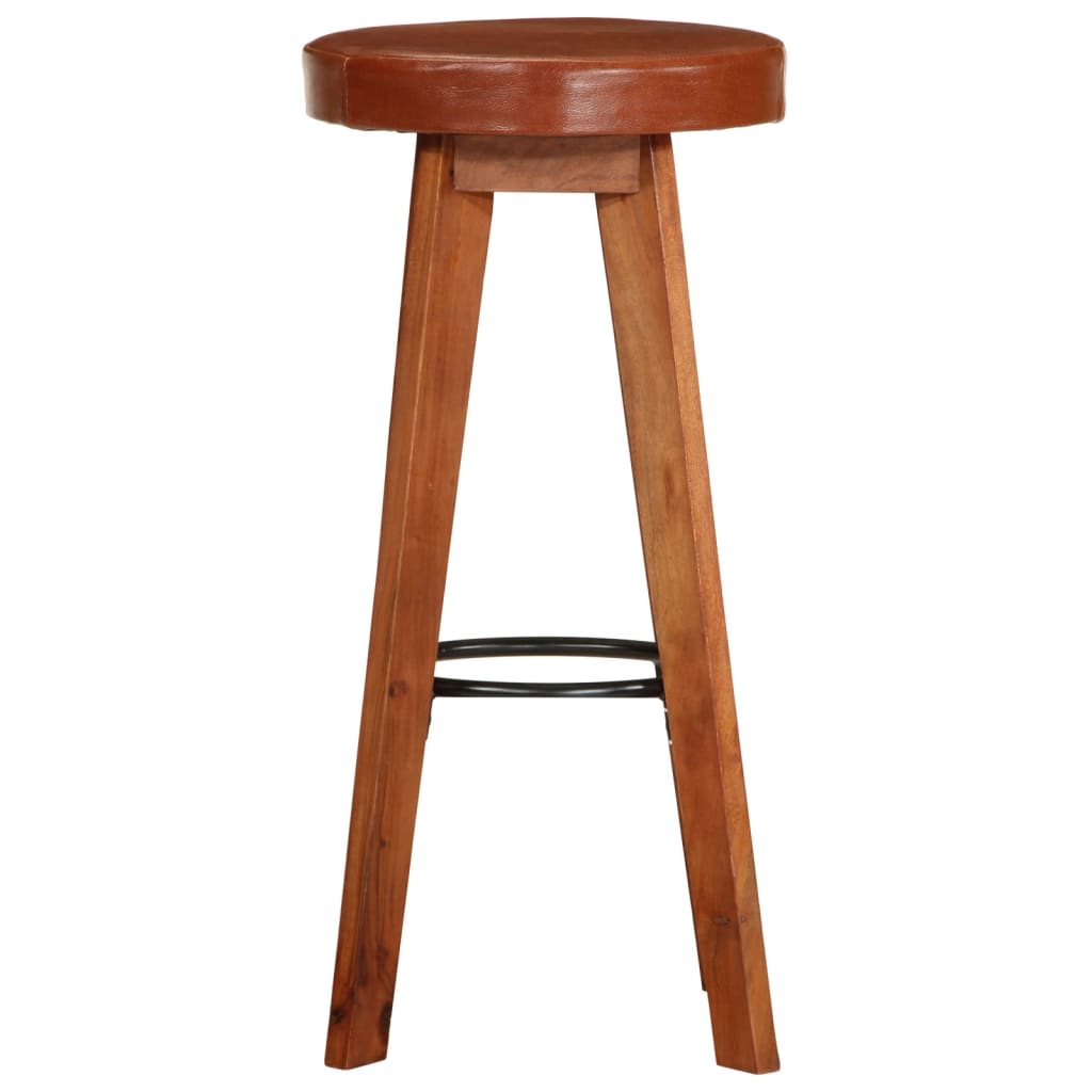 Bar Chair Set Of 2 Natural Wood, Brown Leather