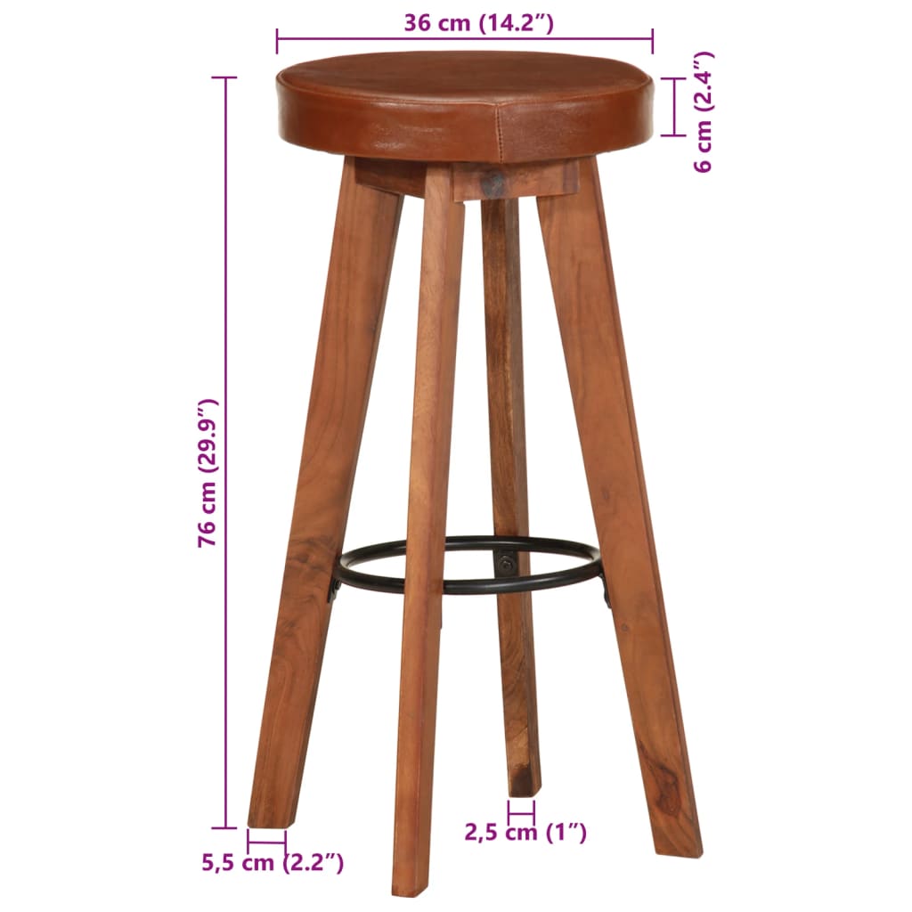 Bar Chair Set Of 2 Natural Wood, Brown Leather