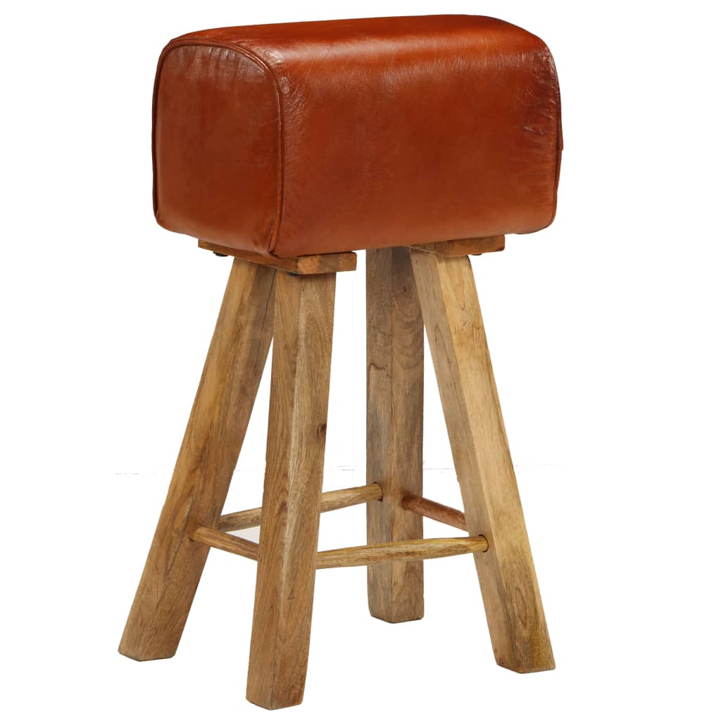 Bar Chair Set Of 2 Natural Wood And Brown Leather