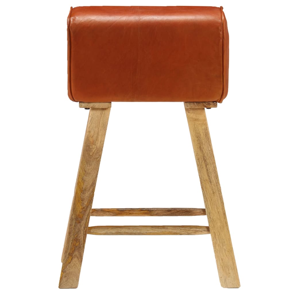 Bar Chair Set Of 2 Natural Wood And Brown Leather