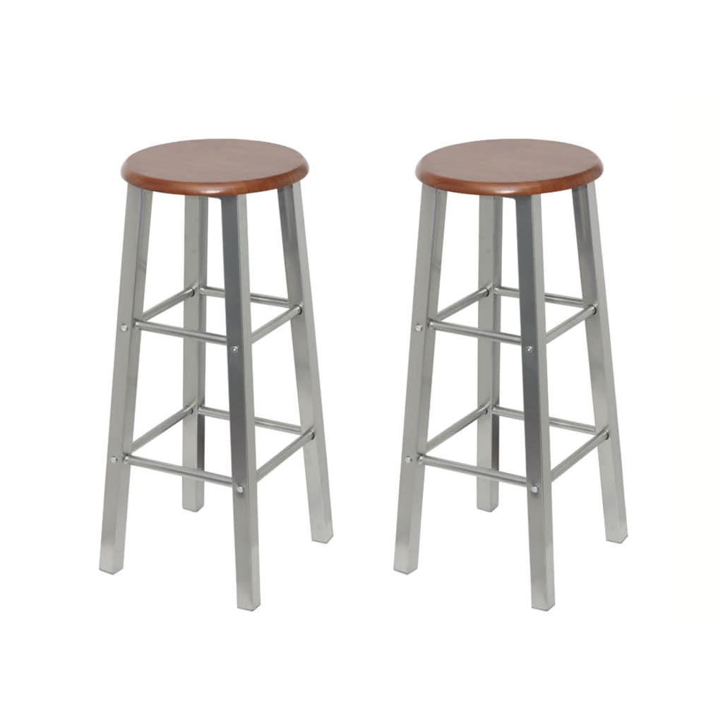 Bar Stool Set Of 2 Brown And Silver Steel Frame With Mdf Seat