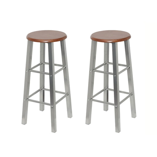 Bar Stool Set Of 2 Brown And Silver Steel Frame With Mdf Seat