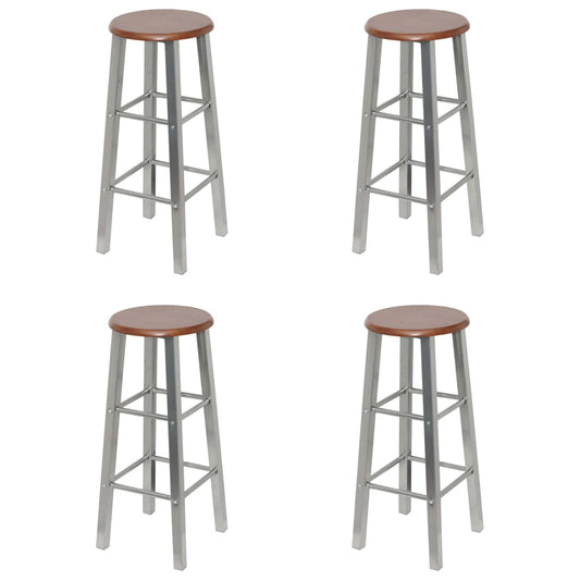Bar Stool Set Of 4 Silver And Brown Steel And Mdf Standard