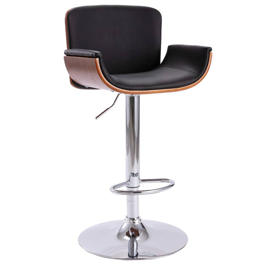 Bar Chair Black And Dark Brown Faux Leather, Bent Wood, Chrome Metal