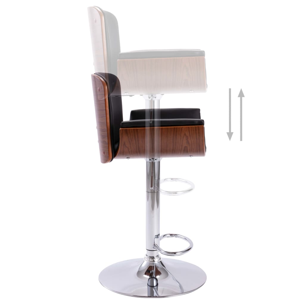 Bar Chair Black And Dark Brown Faux Leather, Bent Wood, Chrome Metal