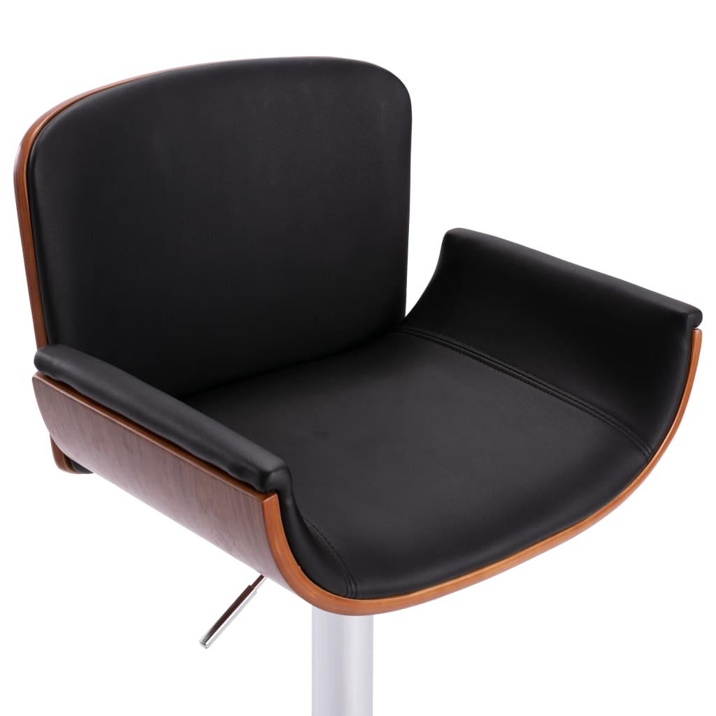 Bar Chair Black And Dark Brown Faux Leather, Bent Wood, Chrome Metal