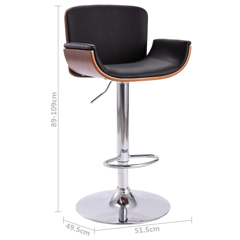 Bar Chair Black And Dark Brown Faux Leather, Bent Wood, Chrome Metal