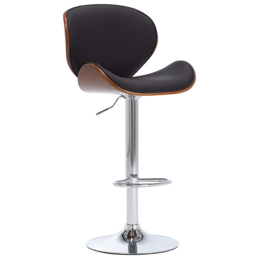 Bar Chair Black Faux Leather, Chrome Metal, Bent Wood Adjustable