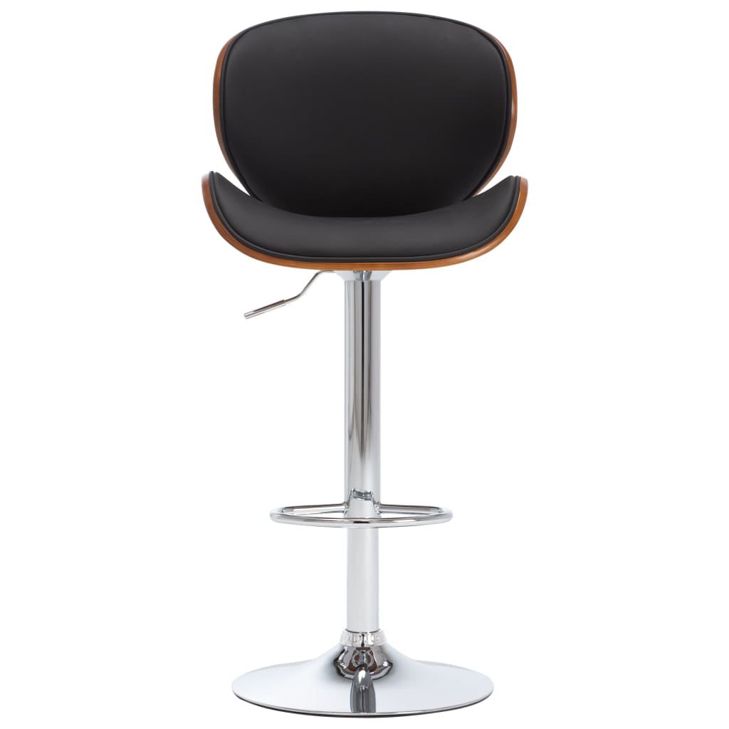 Bar Chair Black Faux Leather, Chrome Metal, Bent Wood Adjustable