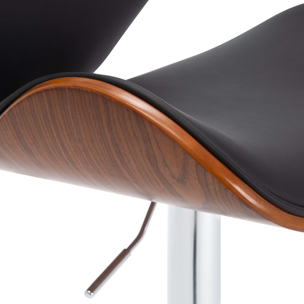 Bar Chair Black Faux Leather, Chrome Metal, Bent Wood Adjustable