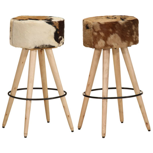 Bar Stool Brown Real Goat Leather, Solid Mango Wood Medium