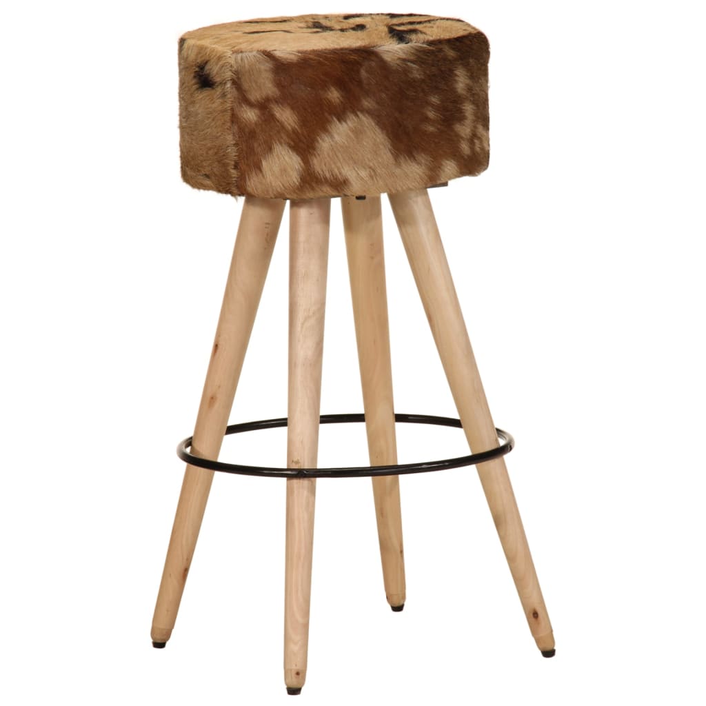 Bar Stool Brown Real Goat Leather, Solid Mango Wood Medium