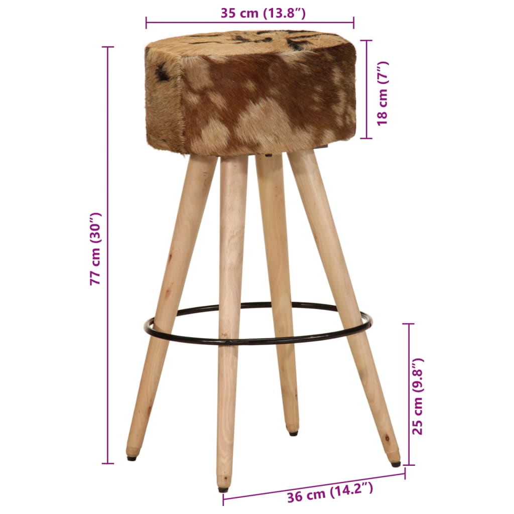 Bar Stool Brown Real Goat Leather, Solid Mango Wood Medium