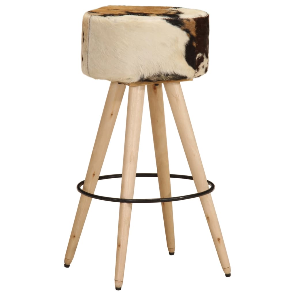 Bar Stool Brown Real Goat Leather, Solid Mango Wood Medium