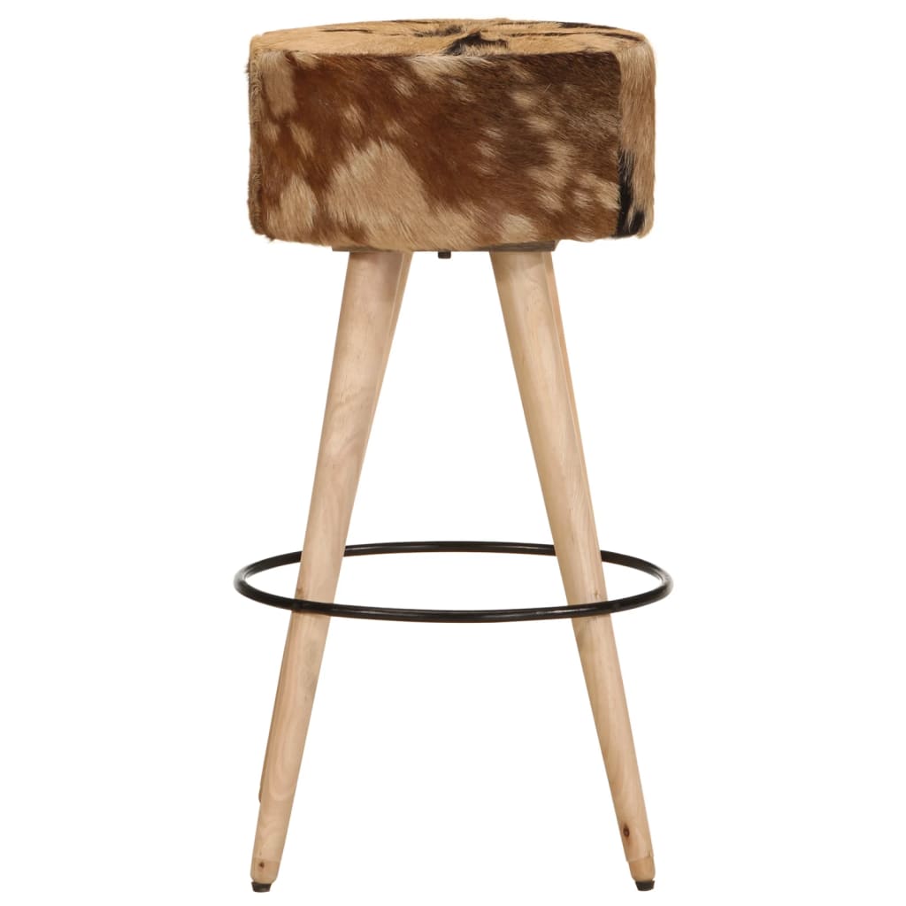 Bar Stool Brown Real Goat Leather, Solid Mango Wood Medium