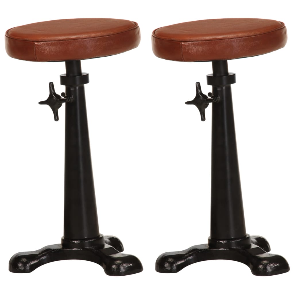 Bar Stool Brown Genuine Goat Leather, Cast Iron Adjustable