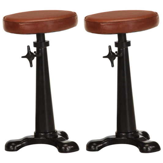Bar Stool Brown Genuine Goat Leather, Cast Iron Adjustable