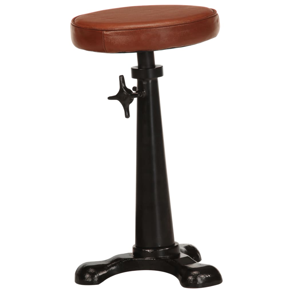Bar Stool Brown Genuine Goat Leather, Cast Iron Adjustable