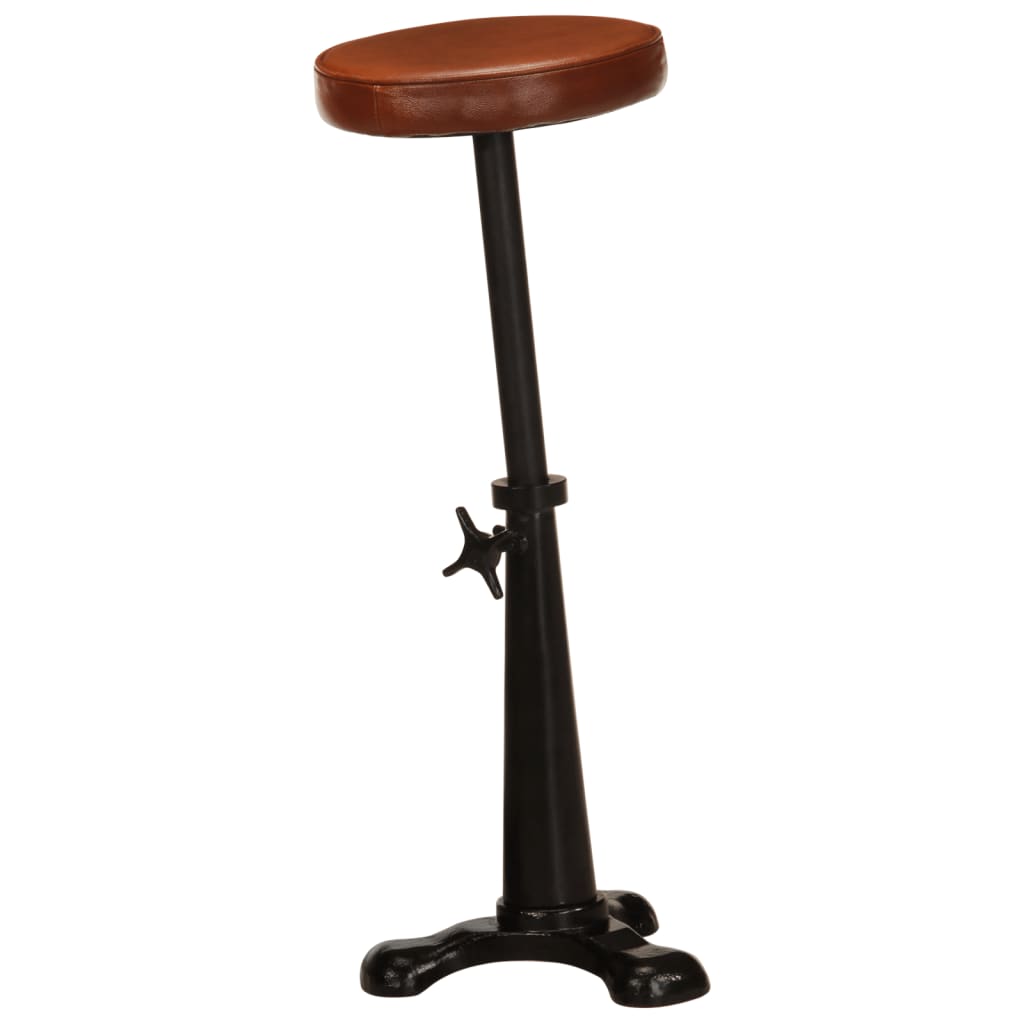 Bar Stool Brown Genuine Goat Leather, Cast Iron Adjustable
