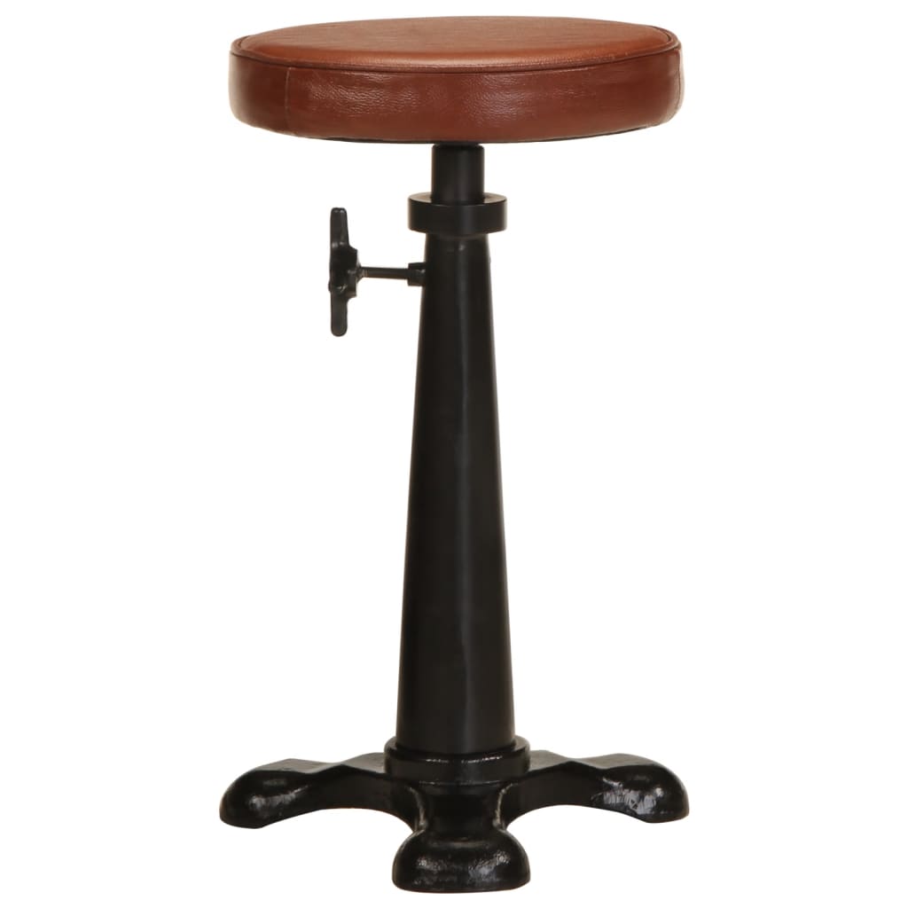 Bar Stool Brown Genuine Goat Leather, Cast Iron Adjustable