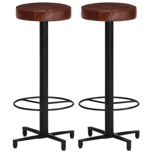 Bar Stool Set Of 2 Brown, Black Real Leather, Powder-Coated Iron