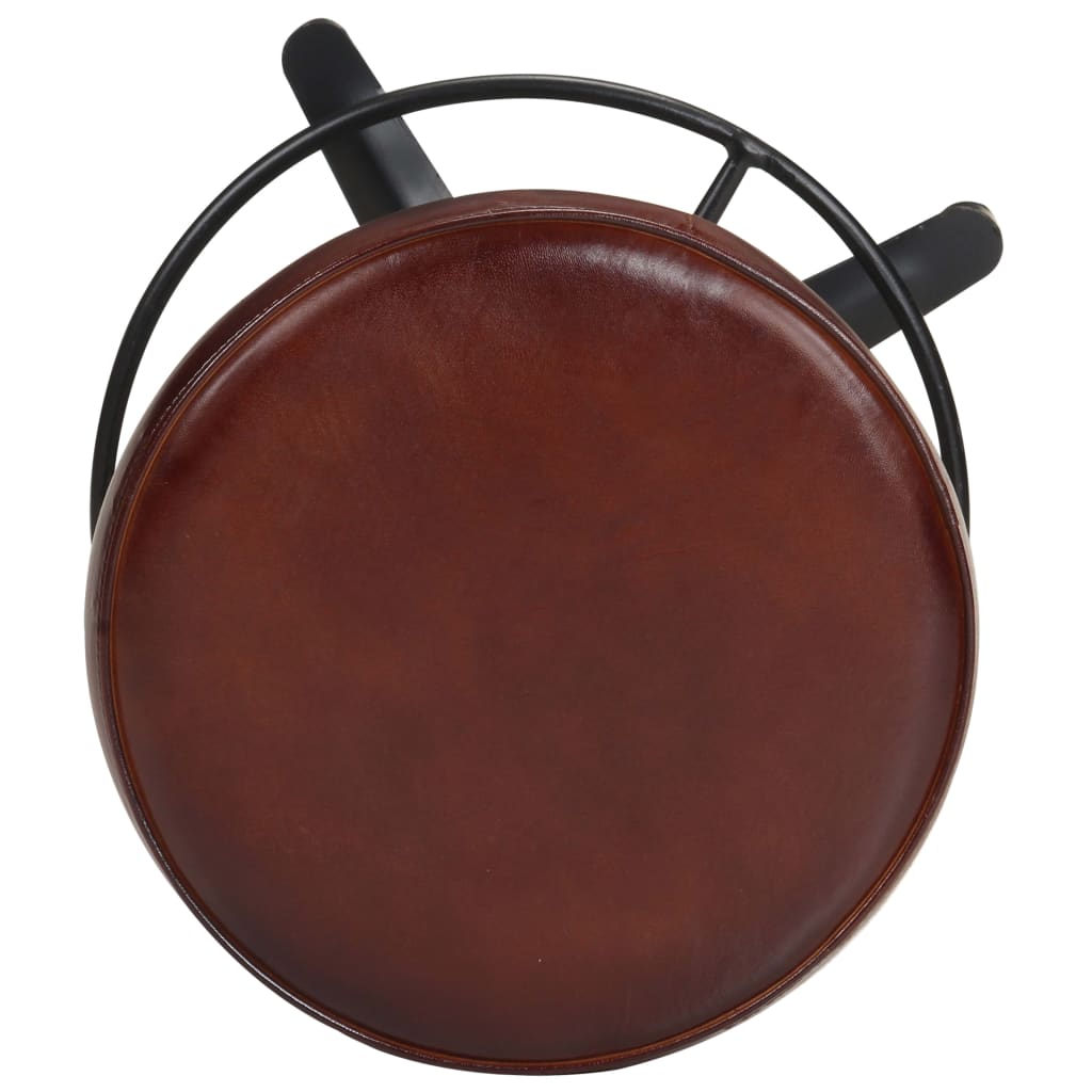 Bar Stool Set Of 2 Brown, Black Real Leather, Powder-Coated Iron