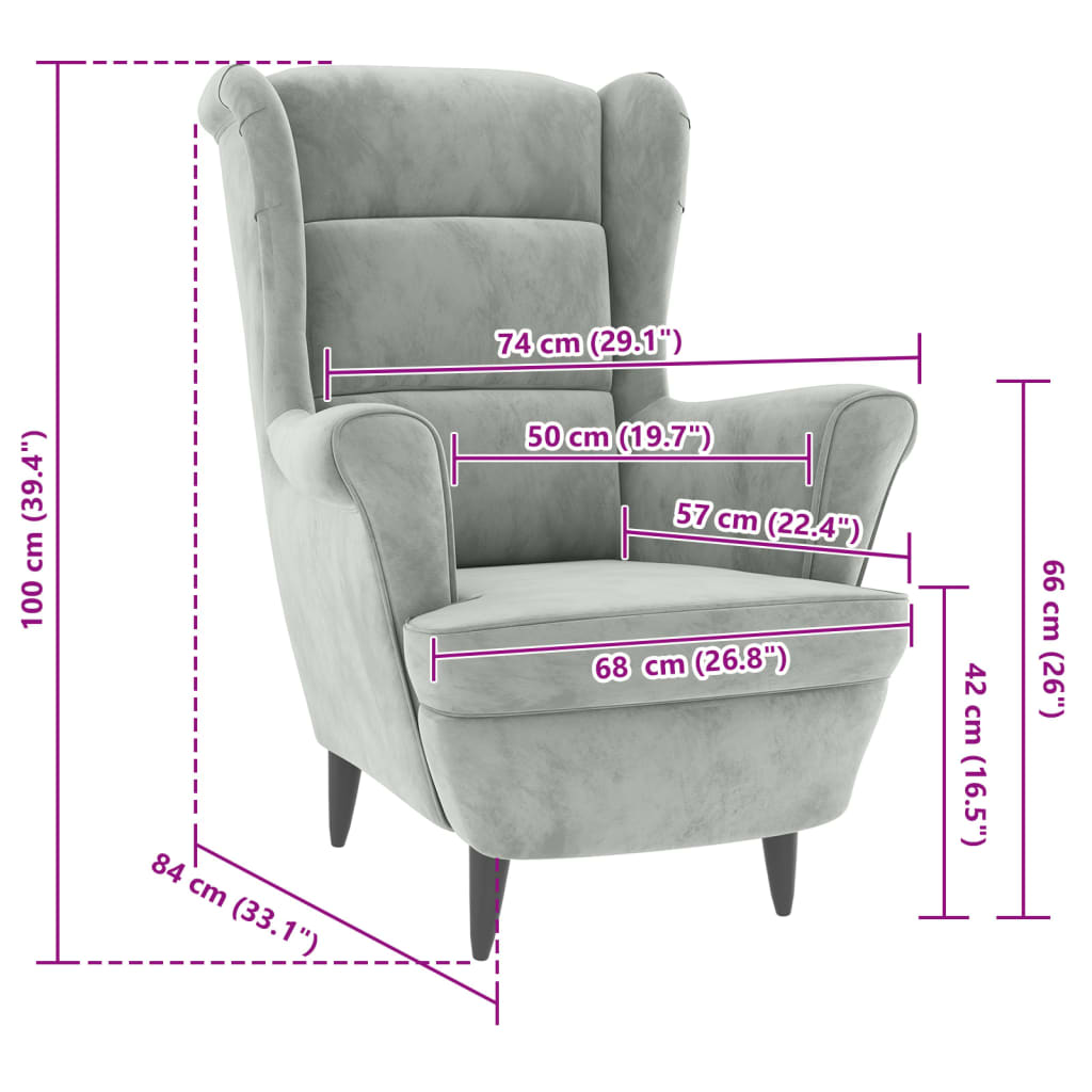 Armchair Light Grey Velvet (100% Polyester), Plywood Medium