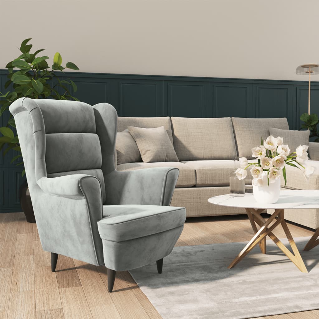 Armchair Light Grey Velvet (100% Polyester), Plywood Medium