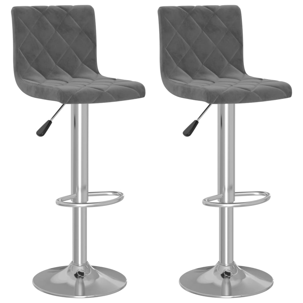 Bar Stool Set Of 2 Dark Grey Velvet (100% Polyester), Chrome Steel