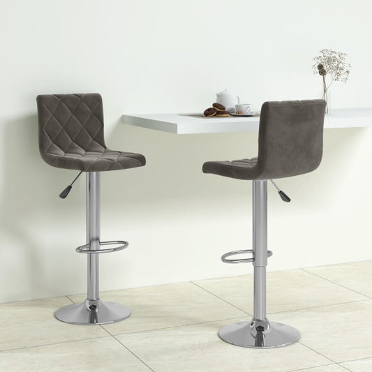 Bar Stool Set Of 2 Dark Grey Velvet (100% Polyester), Chrome Steel