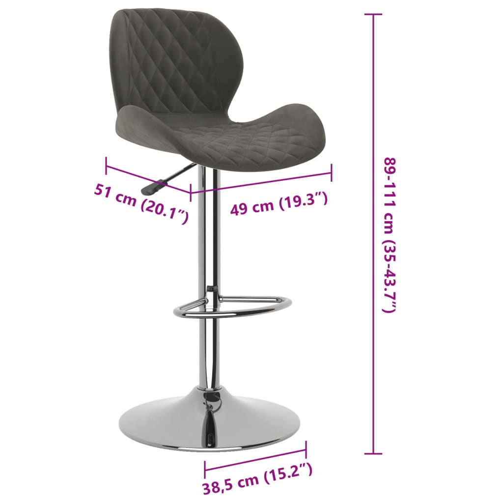Bar Stool Set Of 2 Dark Grey Chromed Steel, Velvet (100% Polyester)