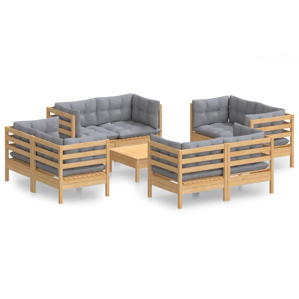 Garden Lounge Set Grey Cushions Solid Pine Wood, 100% Polyester