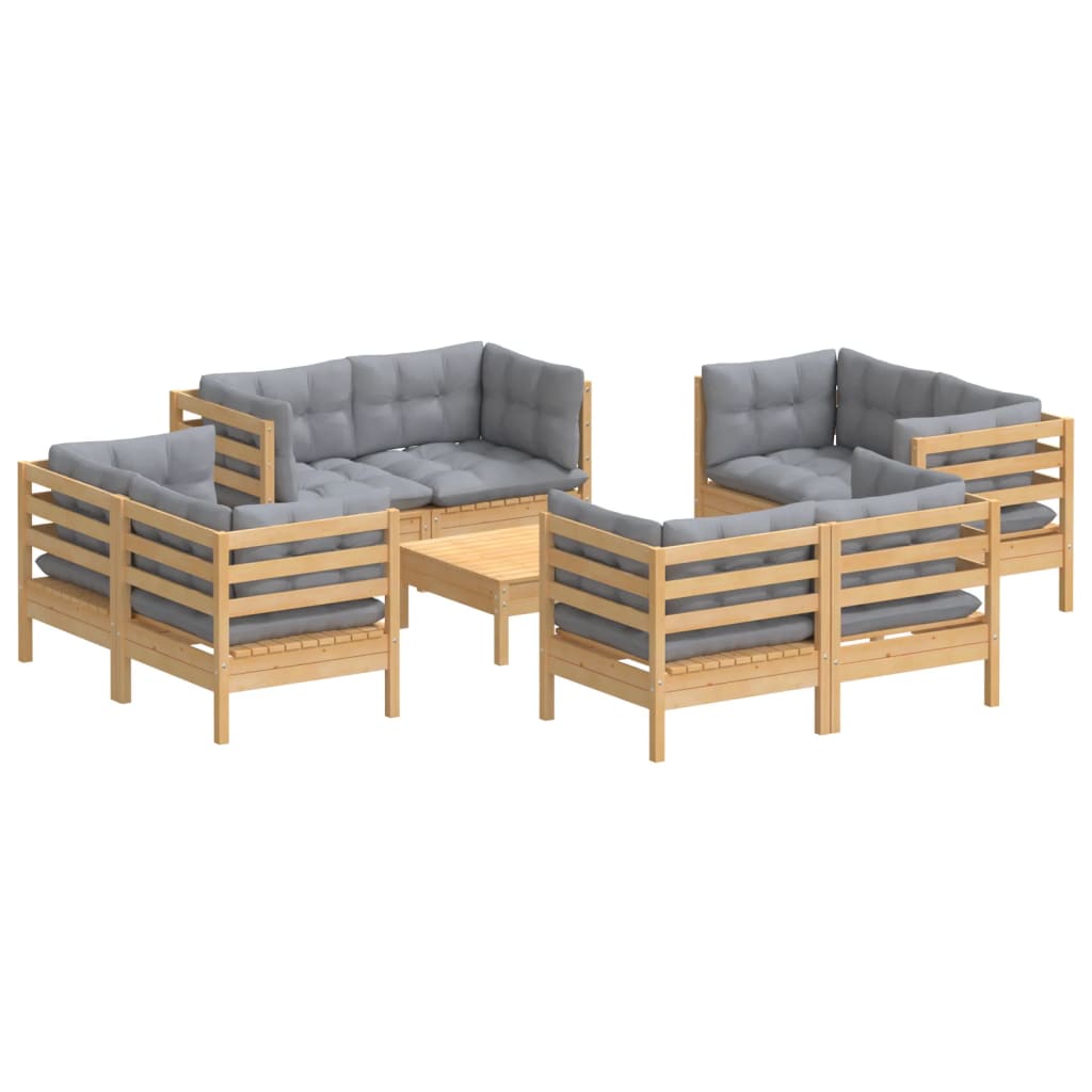 Garden Lounge Set Grey Cushions Solid Pine Wood, 100% Polyester