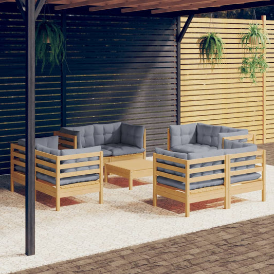 Garden Lounge Set Grey Cushions Solid Pine Wood, 100% Polyester