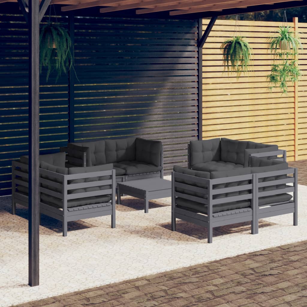 Garden Lounge Set Grey Cushions Solid Pine Wood, 100% Polyester