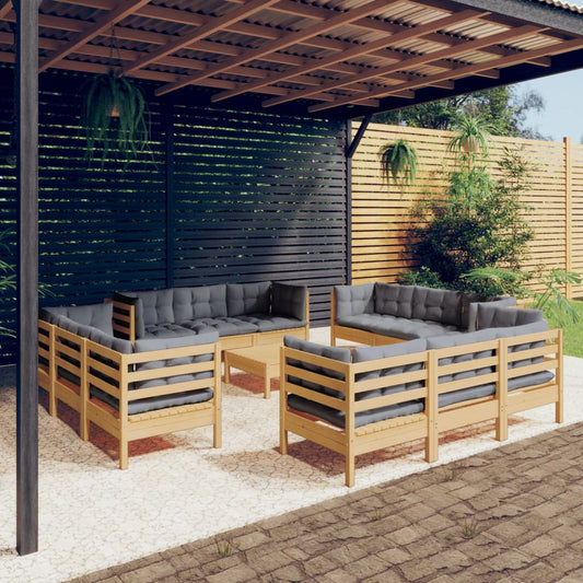 Garden Lounge Set Grey Solid Pine Wood, Fabric (100% Polyester)