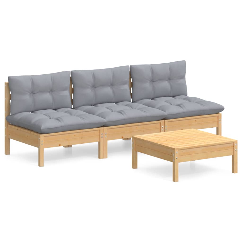 Garden Lounge Set Grey, Natural Wood Solid Pinewood, 100% Polyester