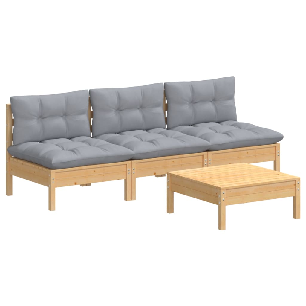 Garden Lounge Set Grey, Natural Wood Solid Pinewood, 100% Polyester